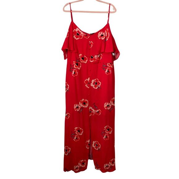 City Chic Dress Womens Size 22 Red Maxi Floral Cold Shoulder Flowy Button Slit - Picture 1 of 13